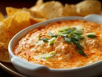 Cottage Cheese Buffalo Chicken Dip served in a bowl with tortilla chips