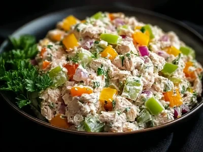 Bowl of Cottage Cheese Tuna Salad with fresh vegetables and herbs