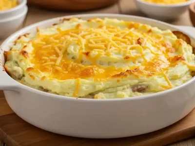 Cowboy meatloaf and potato casserole with a crispy golden cheese topping, served in a cast iron dish.
