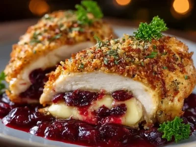 Cranberry Brie Stuffed Chicken garnished and ready to serve