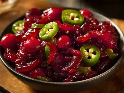 Cranberry Jalapeño Cowboy Candy in a jar decorated with spices and cranberries.