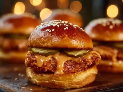 Crispy chicken sliders with bang bang sauce served on a platter