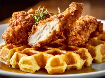 Plate of crispy chicken waffle sticks served with syrup
