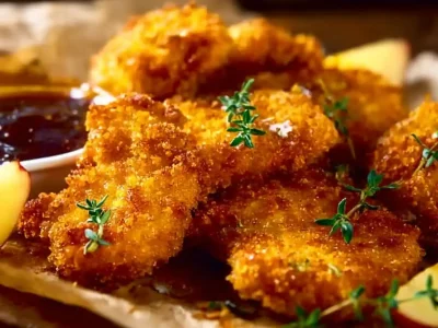 Crispy baked chicken drizzled with hot honey on a serving plate