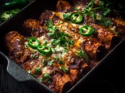 Delicious Turkey Enchiladas served on a plate with toppings.