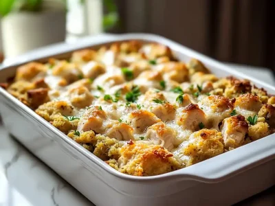 Dolly's Chicken And Stuffing Casserole fresh with golden crust