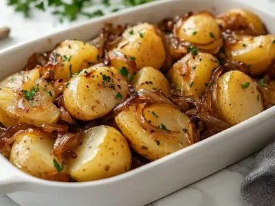Golden smothered potatoes in white ceramic dish on Calacatta marble countertop