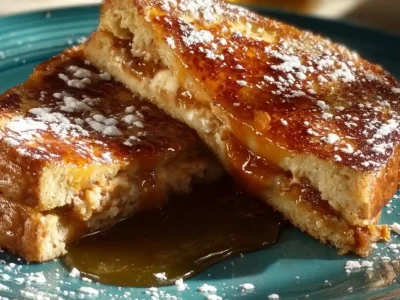 Delicious French toast made without milk, topped with syrup and fruit.