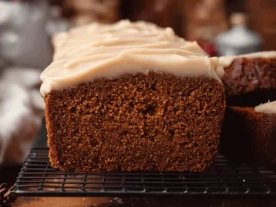 Freshly baked gingerbread loaf with spices and a decorative glaze.