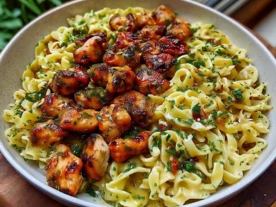 garlic butter chicken bites with egg noodles topped with fresh parsley