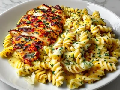 garlic parmesan chicken pasta plated with juicy chicken and creamy pasta