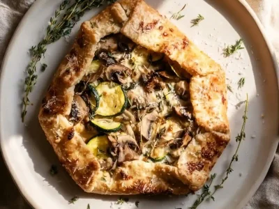 Garlic parmesan dinner galette filled with mushrooms and zucchini on a flaky crust.
