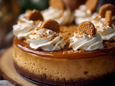 Slice of Gingerbread Cheesecake topped with whipped cream and spices