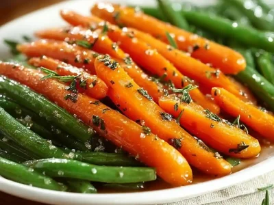 Delicious honey glazed carrots and green beans served on a plate.