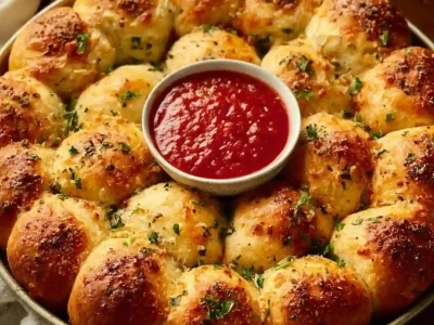 Gluten-free cheesy garlic pull-apart bread on a wooden board