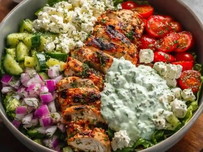 Greek Chicken Bowl with fresh vegetables and tzatziki sauce