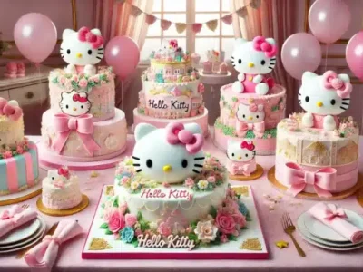 A colorful array of Hello Kitty cakes for birthdays and special occasions.