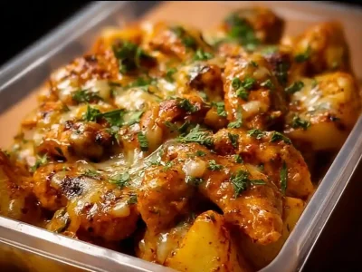 High-protein creamy garlic cheesy chicken with potatoes dish