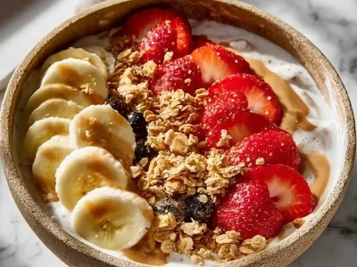 High-protein Greek yogurt bowl topped with fruits and nuts for a healthy breakfast.