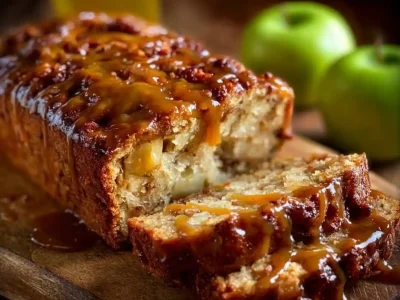 Homemade caramel apple fritter bread with chunks of apples and a caramel glaze.