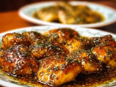 Plate of Honey Garlic Chicken garnished with herbs and served with vegetables