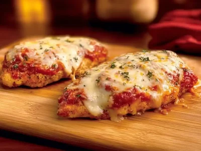 Keto Chicken Parmesan topped with marinara sauce and melted cheese on a wooden board