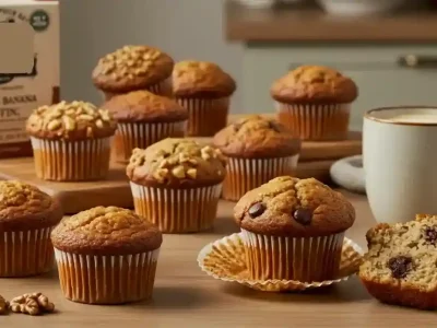 A variety of Kodiak Cakes muffins, banana, chocolate, and whole grain—on a rustic table with honey, nuts, and a cup of coffee.