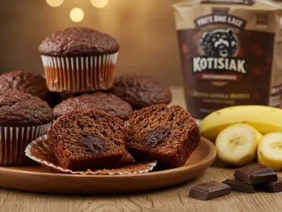 The Best Kodiak Chocolate Banana Muffins Freshly baked Kodiak chocolate banana muffins with a rich, moist texture, served on a wooden plate with chocolate chunks.