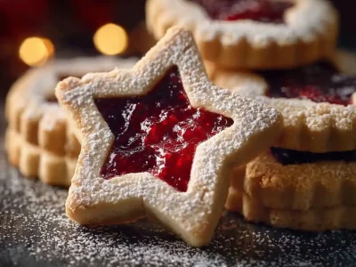 Shortbread Linzer Cookies filled with raspberry jam on a white plate