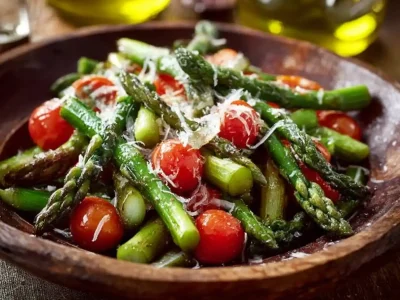 Fresh aLow Carb Asparagus Salad with vibrant vegetables and dressing