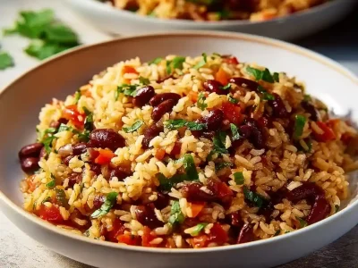 Bowl of Mediterranean Rice and Beans served with fresh herbs and spices