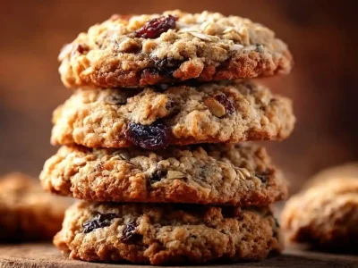 Freshly baked oatmeal raisin cookies with oats and raisins on a plate