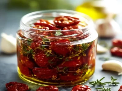 Plate of homemade oven sun-dried tomatoes garnished with herbs