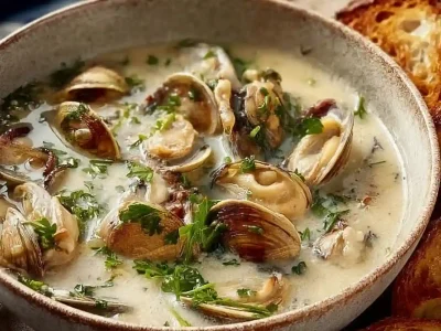 A warm bowl of creamy Oyster Stew garnished with herbs and spices.
