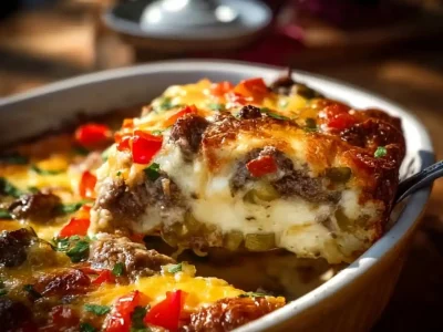Philly Cheesesteak Casserole topped with melted cheese and peppers