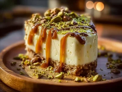 A slice of heavenly pistachio white chocolate cheesecake on a plate