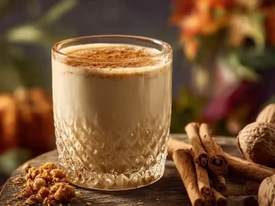 A glass of Pumpkin Spice Horchata garnished with cinnamon sticks, showcasing fall flavors.