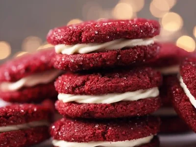 Delicious red velvet sandwich cookies with cream filling on a plate