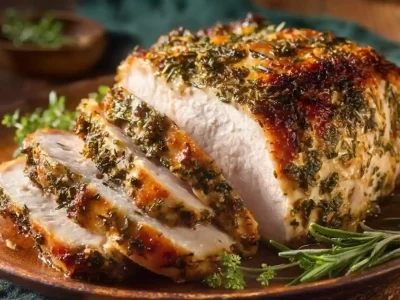 Delicious roasted turkey breast served on a platter with herbs and spices
