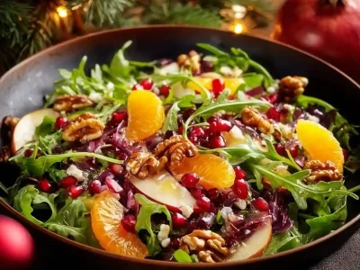 Delicious Christmas salad topped with honey mustard dressing and festive ingredients.
