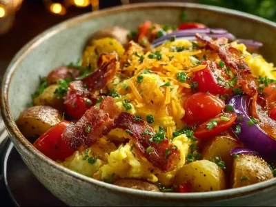 Aesthetic scrambled egg bowl with fresh ingredients and vibrant colors.