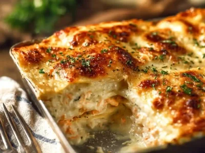 Delicious shrimp crab lasagna with layers of seafood and cheesy goodness