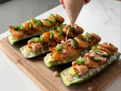 Shrimp cucumber boats topped with jalapeños and a creamy yogurt sriracha drizzle