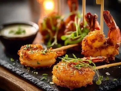 Shrimp lollipop served with coconut-lime dip on a plate