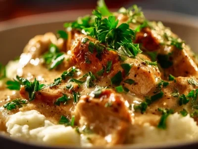 Slow cooker chicken with a rich mushroom-cream cheese sauce in a bowl