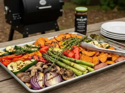 A platter of smoked vegetables, including bell peppers, zucchini, mushrooms, and sweet potatoes, served with fresh herbs.