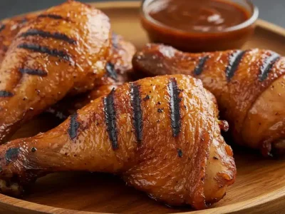 smoked chicken legs and thighs recipe with crispy skin, served on a wooden plate with BBQ sauce.