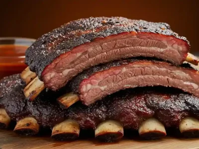 Smoked beef back ribs with crispy bark, served on a wooden board with BBQ sauce.