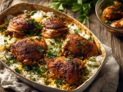 Spiced baked chicken served with flavorful rice on a plate