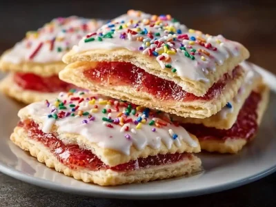 Delicious Strawberry Pop Tart Sugar Cookies on a plate with sprinkles